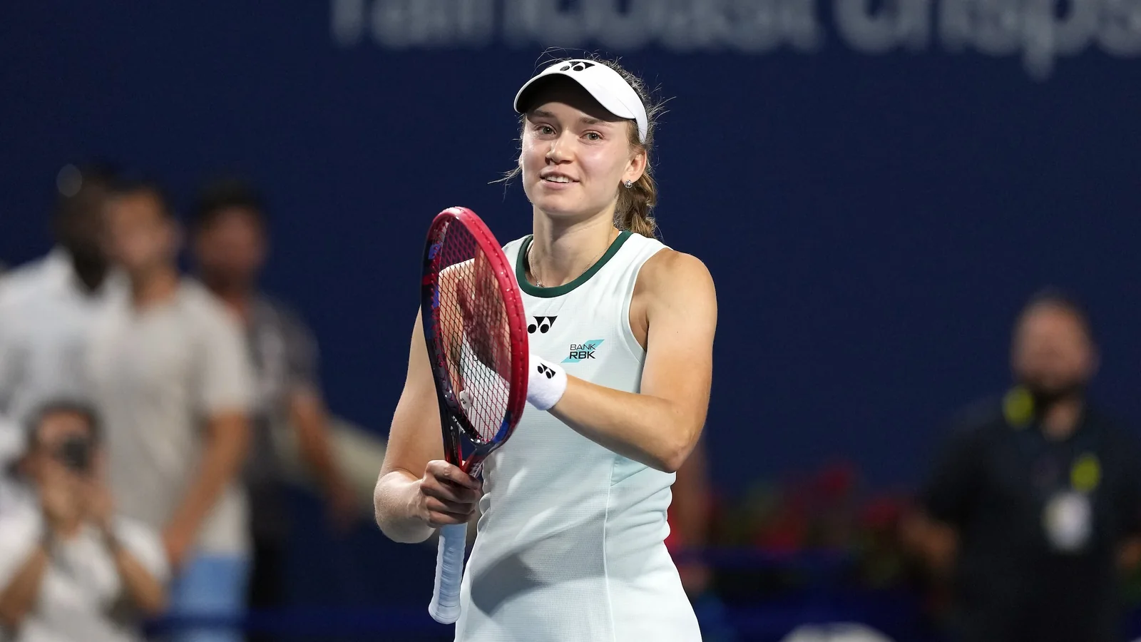 Elena Rybakina holds her racket on the Toronto court in 2026