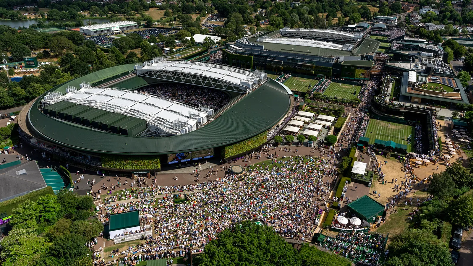 Aerial view of Centre Court and the grass courts at the All England Club