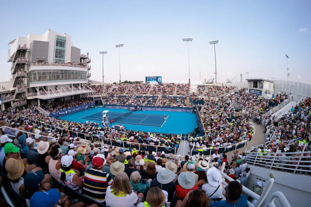 Crowded Cincinnati tennis stadium during a match at the tournament site