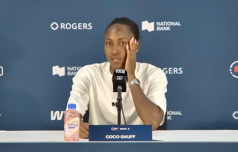 Coco Gauff speaking at a National Bank Open press conference