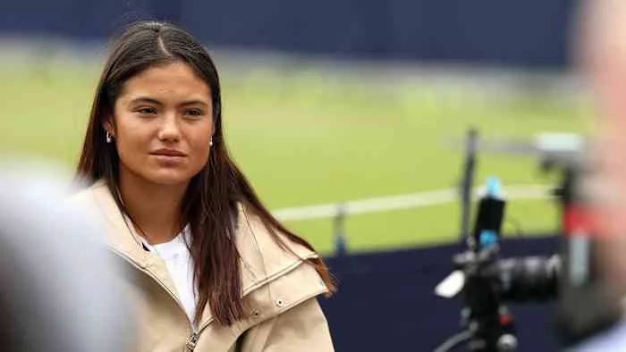 Emma Raducanu speaking to media at Queen's Club on June 8, 2025